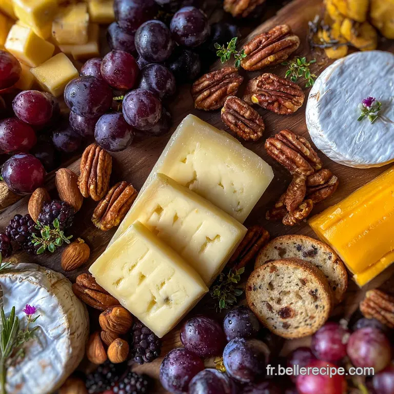 Elegant cheese selection: soft cheeses glistening, firm cheeses with character, paired with vibrant fruits and rustic crac...