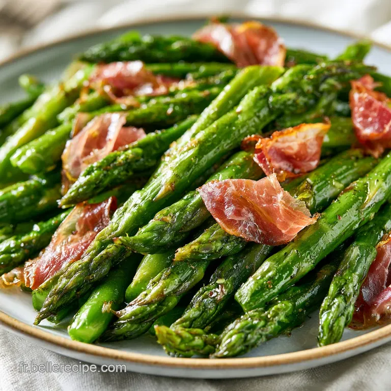 Asperges vert vif align&eacute;es avec soin, surmont&eacute;es de fines lamelles de jambon croustillantes sur une assiette blanche.