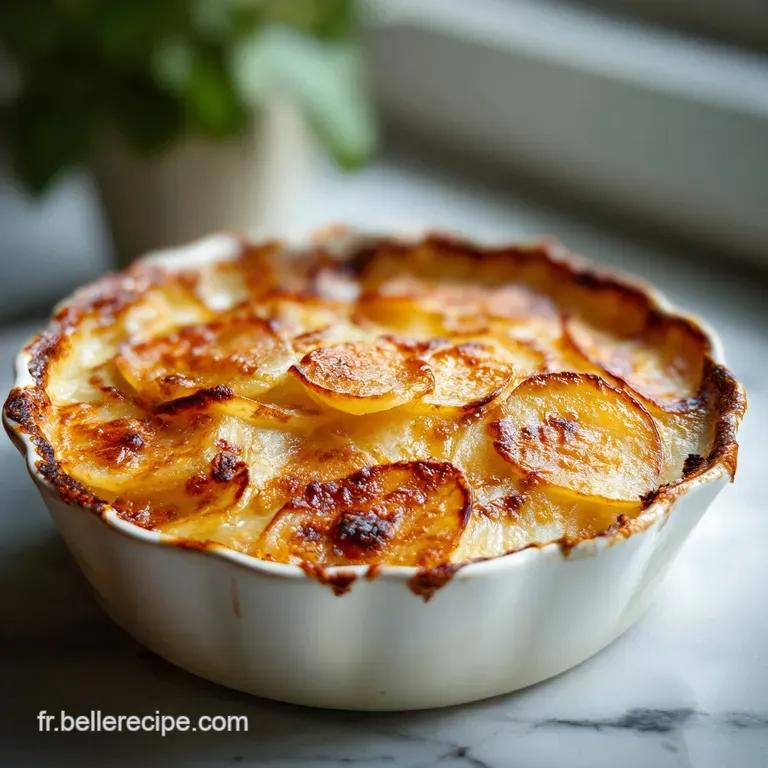 A single serving of potato gratin with a golden-brown crust, garnished with fresh thyme sprigs on a white plate.