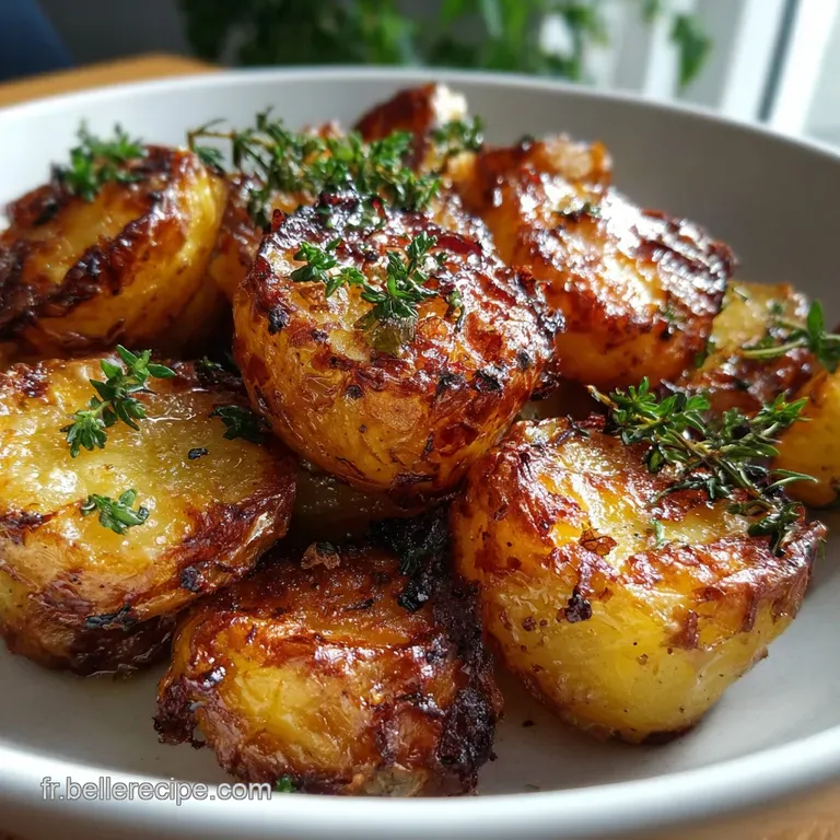 Perfectly arranged roasted potatoes, vibrant green herbs, flaky salt, served on a rustic plate, ready to be enjoyed, light...