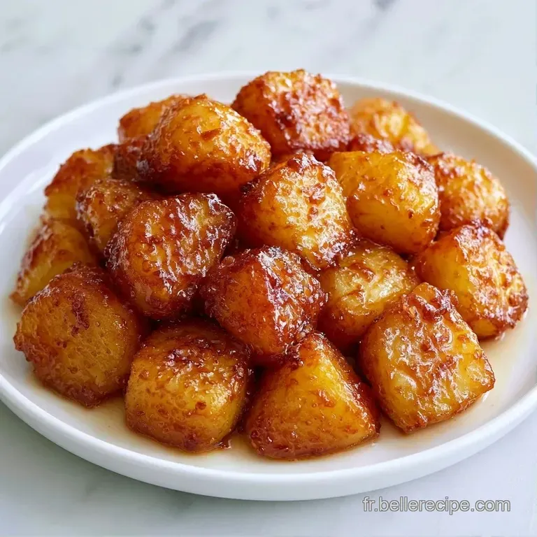 D&eacute;s de pommes de terre rissol&eacute;s et brillants, dispos&eacute;s avec soin sur une assiette blanche avec une touche de vert.