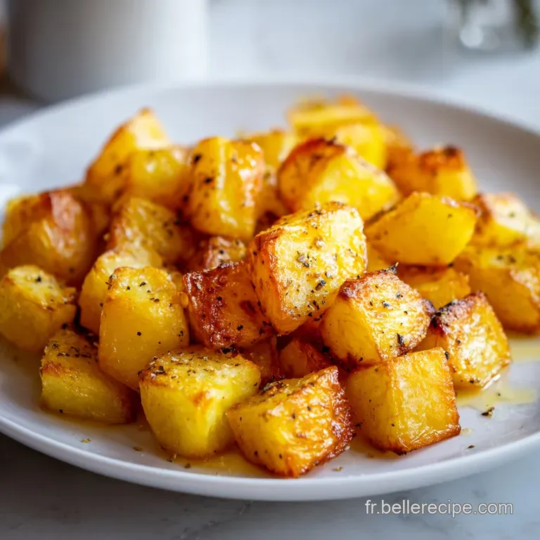 Pommes de terre r&ocirc;ties et dor&eacute;es, &eacute;l&eacute;gamment dress&eacute;es sur une assiette blanche avec un soup&ccedil;on de verdure fra&icirc;che.