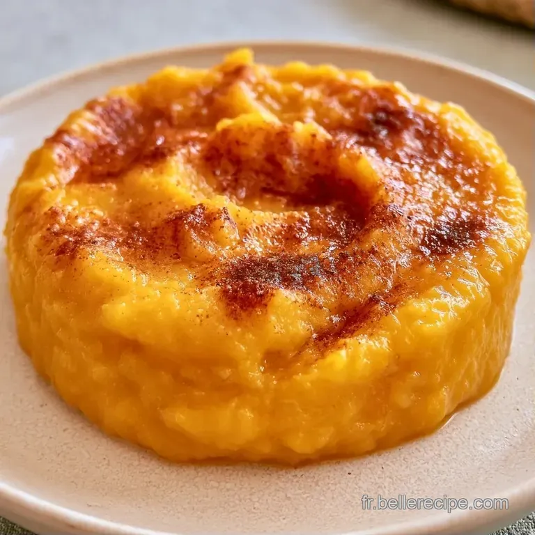 Bol en c&eacute;ramique blanche contenant une pur&eacute;e onctueuse orange, d&eacute;cor&eacute;e de noisettes et d'une pinc&eacute;e de cannelle.