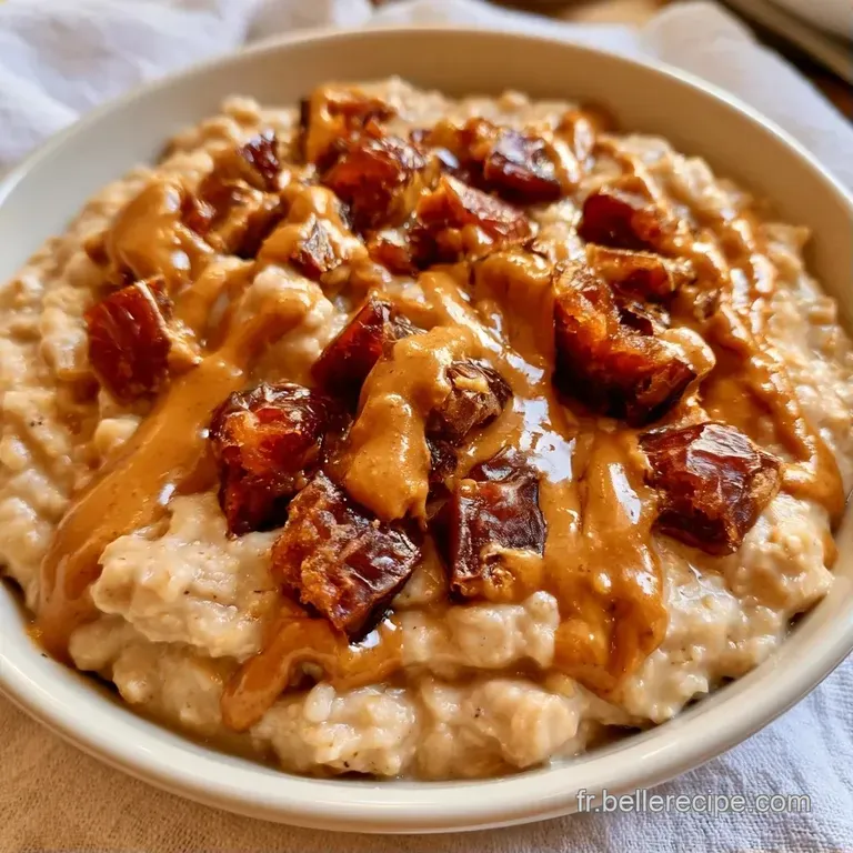 Bol en c&eacute;ramique contenant un porridge cr&eacute;meux, d&eacute;cor&eacute; de dattes brillantes et de noix sur une table en bois clair.