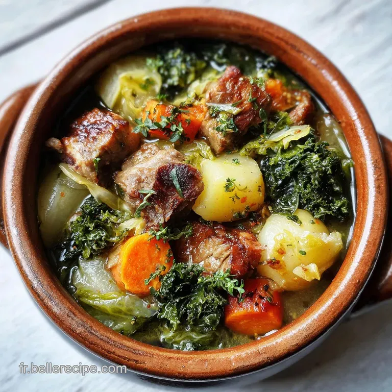 A vibrant plate of pot&eacute;e with glistening sausage, tender vegetables, and bright green cabbage in a savory, steaming broth.