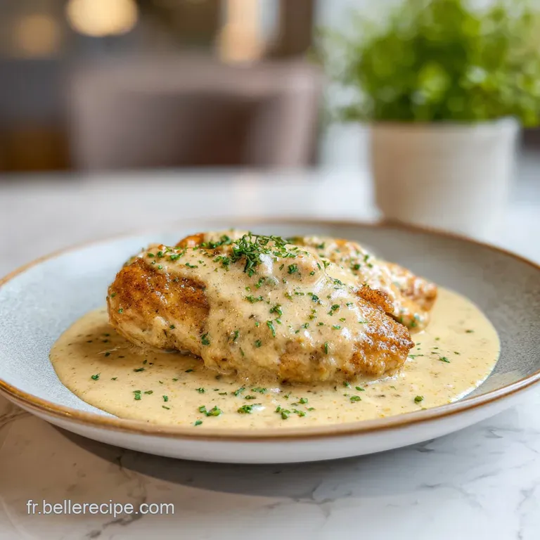 Elegant plate of tender chicken in a luscious cream sauce, garnished with fresh parsley, showcasing a smooth, glossy finish.