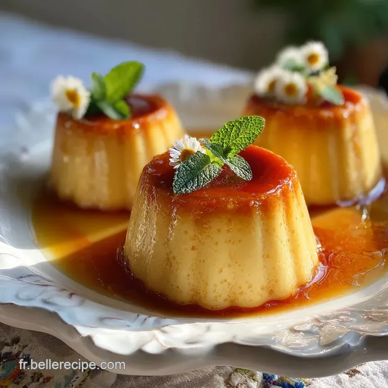Elegant slice of light-brown Molotov pudding on a plate, drizzled with caramel sauce and garnished with fresh mint sprig.