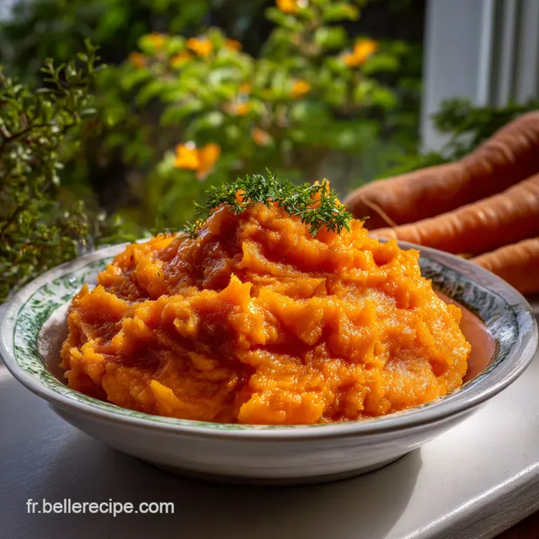 Elegant swirl of velvety orange pur&eacute;e, garnished with microgreens and a drizzle of olive oil, showcasing a refined present...