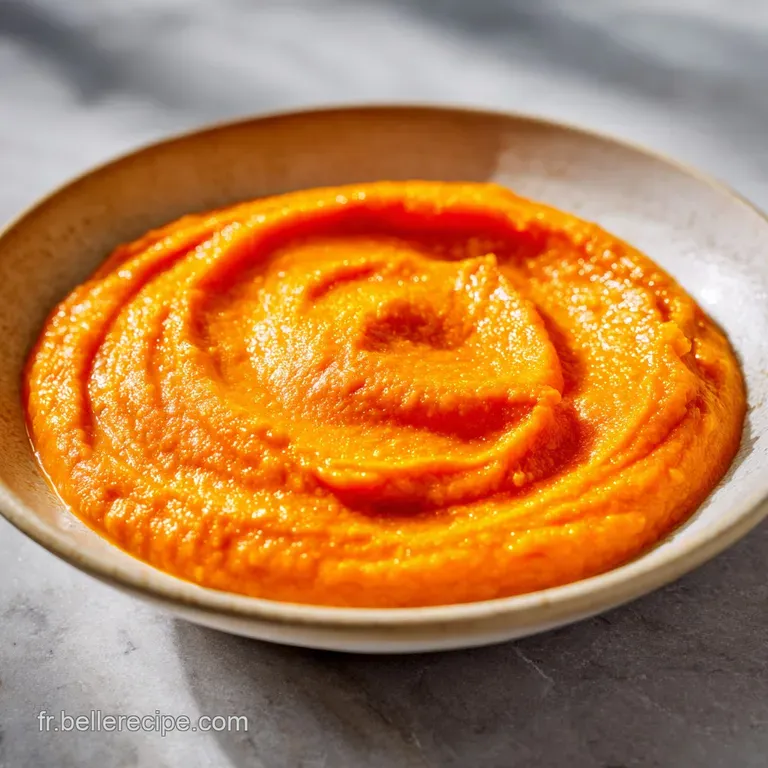 Elegant bowl of carrot puree. Garnished with herbs & a drizzle of cream for a vibrant, comforting presentation.