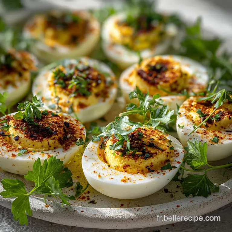 Elegant appetizer: Quail egg canap&eacute;s artfully arranged on a white plate, garnished with microgreens and a drizzle of sauce.