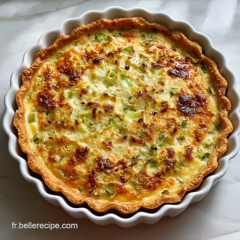 Slice of savory quiche plated beside fresh green salad. Golden crust edges, soft leeks, and bright parsley garnish.