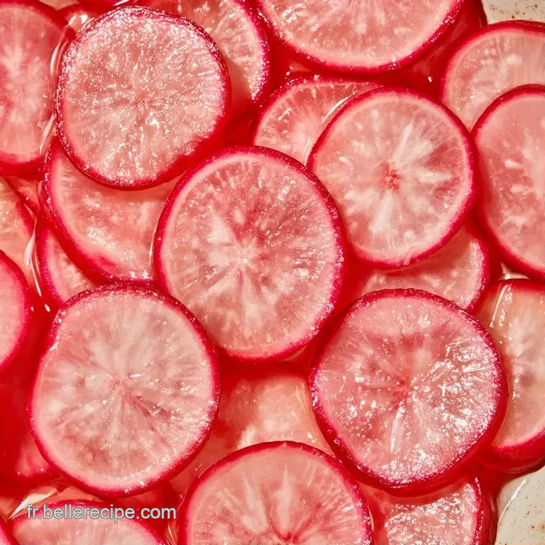 Quelques tranches de radis magenta &eacute;clatant dispos&eacute;es avec soin sur une assiette blanche, apportant une touche fra&icirc;che.