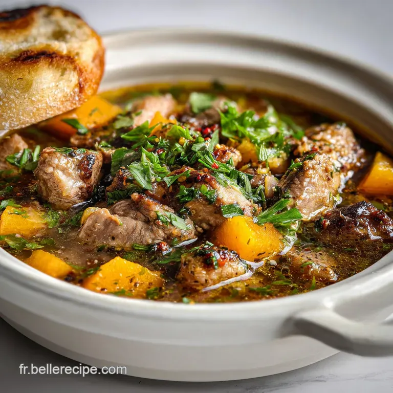 A portion of tender lamb stew nestled in a rustic bowl, garnished with bright parsley, hinting at warmth and savory depth.