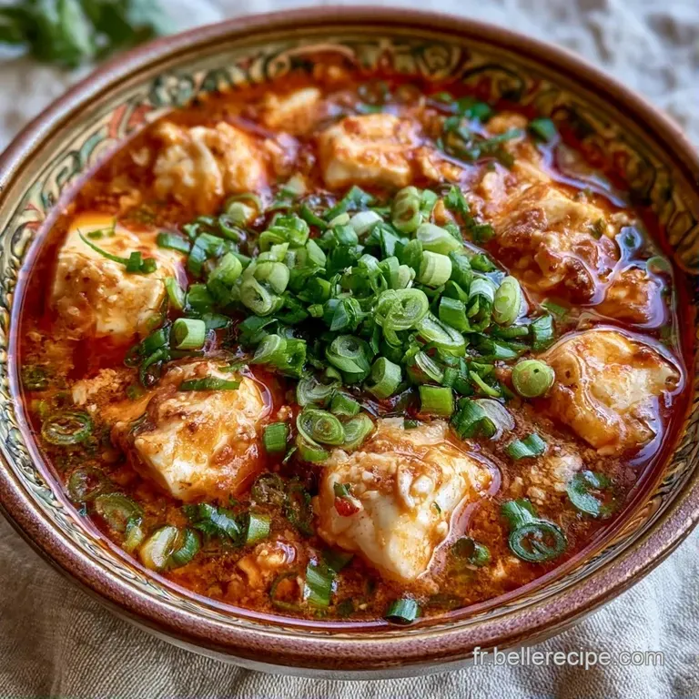 Bol en c&eacute;ramique noire rempli d'une sauce rouge onctueuse, garnie de tofu blanc soyeux et de piments rouges frais.