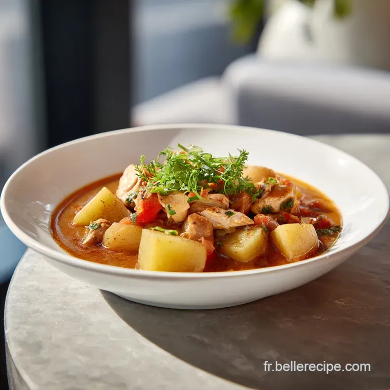 A rustic bowl filled with creamy potato stew, garnished with fresh green herbs and a swirl of rich sauce.