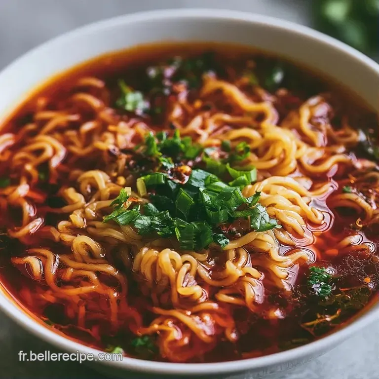 Bol en c&eacute;ramique sombre contenant une soupe rouge fumante, garnie d'&oelig;uf coulant et de pousses d'oignons frais.