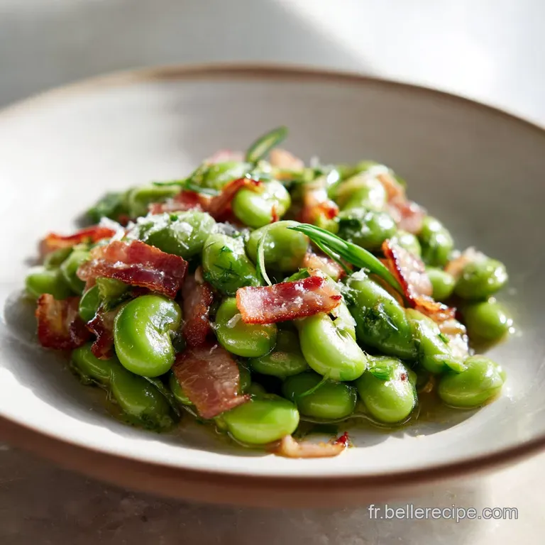 A rustic cast-iron skillet filled with tender green fava beans and smoky bacon, garnished with herbs.