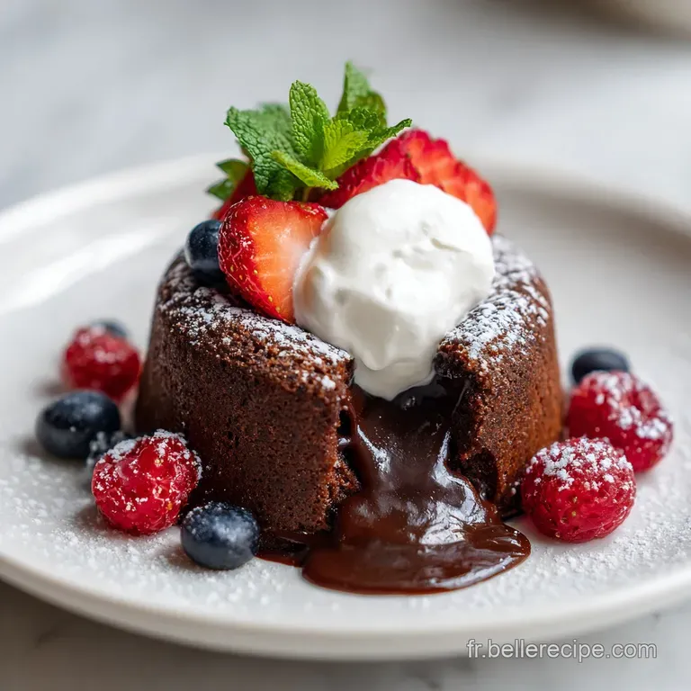 A single, rich chocolate lava cake dusted with powdered sugar, served with a raspberry.