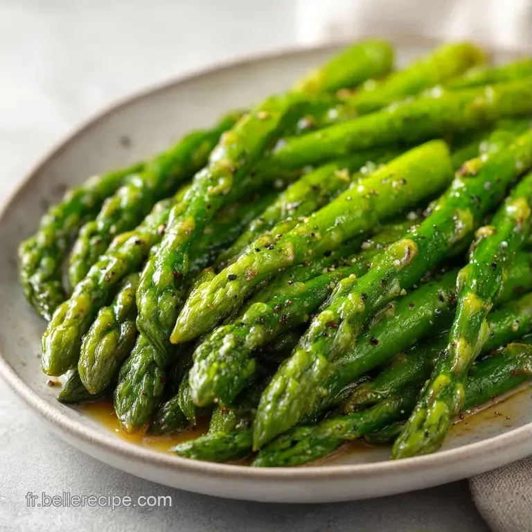 Asperges tendres et brillantes dispos&eacute;es avec soin, relev&eacute;es d'une pinc&eacute;e de gros sel et de poivre noir moulu.