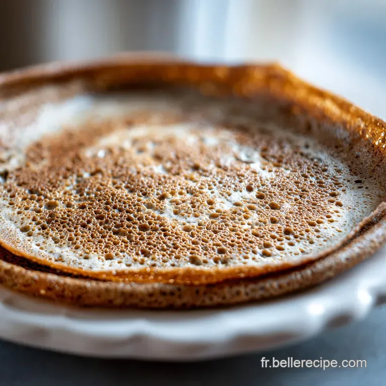 Perfectly round galette with a visible egg yolk nestled in the center, ingredients peeking out, placed on a patterned plate.