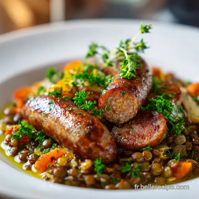 A flavorful serving of lentil and sausage stew in a white bowl, garnished with fresh parsley. Rustic and satisfying cuisine.