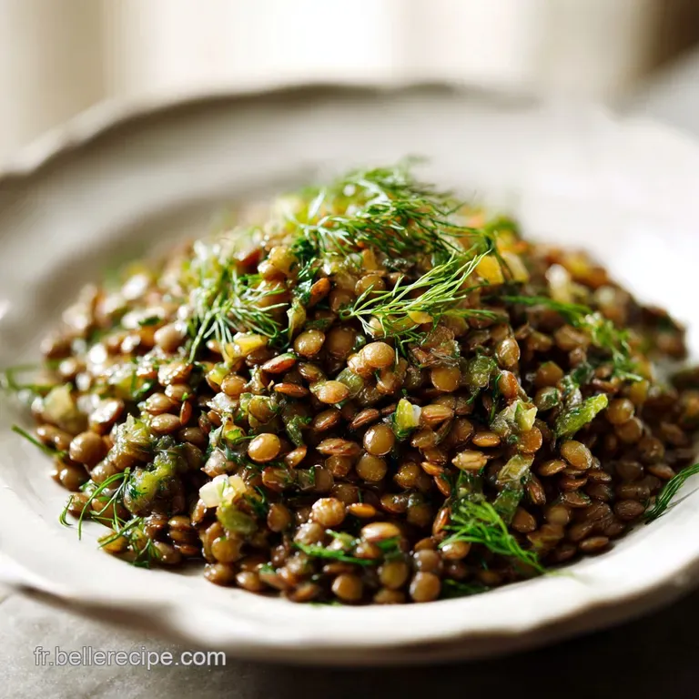 Mound of glistening green lentils in a white bowl, topped with fresh parsley. A rustic spoon rests beside, ready to serve.