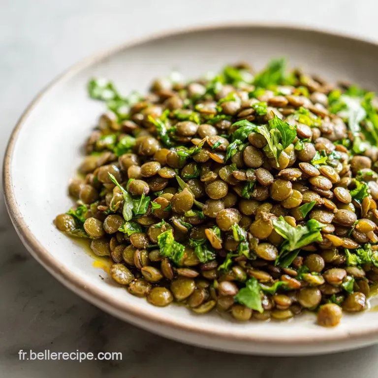 Elegant plate of verdant lentils studded with crisp lardons. Fresh herbs add a bright pop of color to the savory dish.