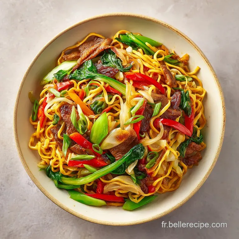 Steaming pile of stir-fried noodles artfully arranged on a white plate, garnished with scallions and a sprinkle of chili f...