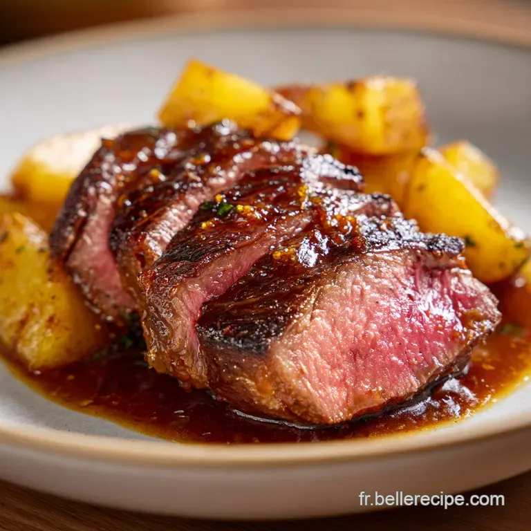 Perfectly seared beef, artfully arranged on a white plate, paired with bright green beans and golden gratin.