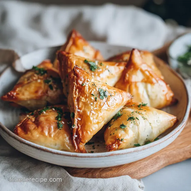 Plated golden samosas arranged artfully with a drizzle of vibrant green chutney and fresh cilantro.