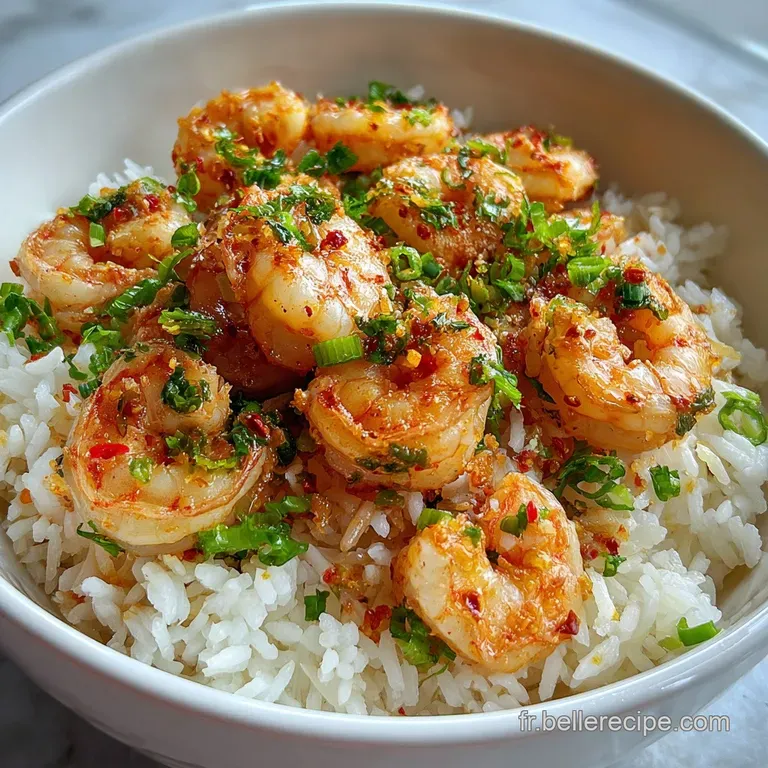 Elegant plate of shrimp and rice. Glossy shellfish and bright green herbs arranged atop fluffy rice. A flavorful, balanced...