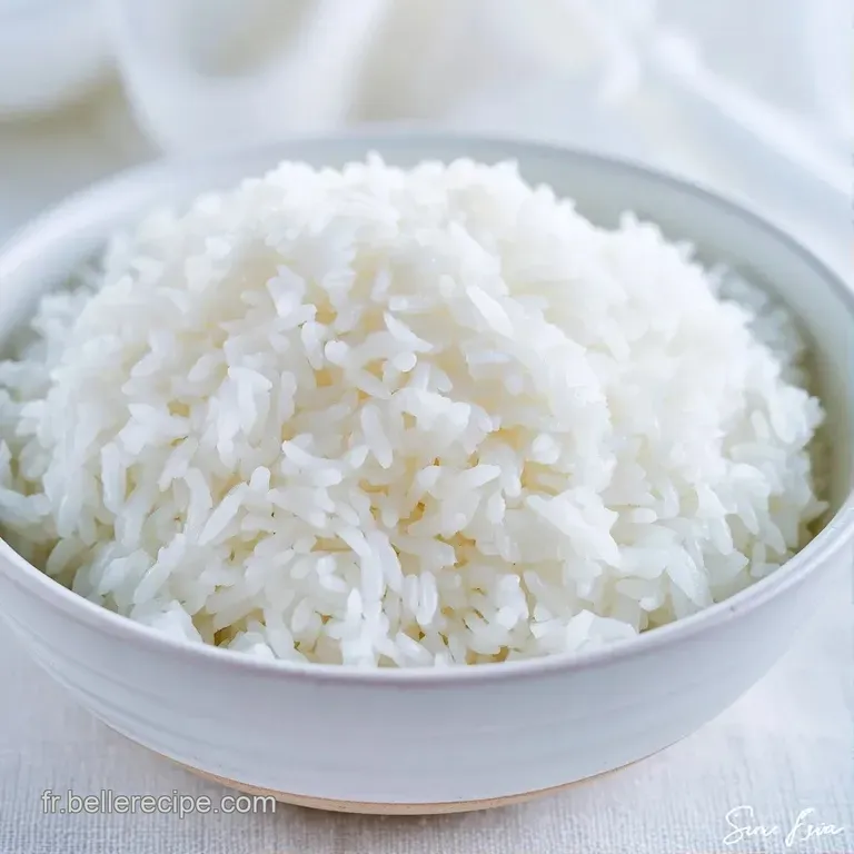 D&ocirc;me de riz blanc immacul&eacute; et brillant pos&eacute; dans une assiette minimaliste, texture collante et aspect soyeux.