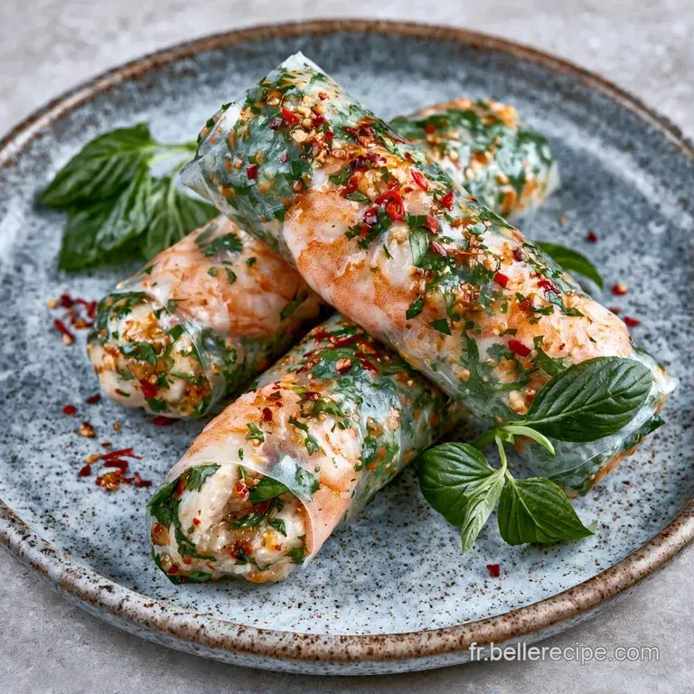 Rouleaux frais dispos&eacute;s en diagonale avec un petit bol de sauce ambr&eacute;e brillante et quelques herbes vertes cisel&eacute;es.