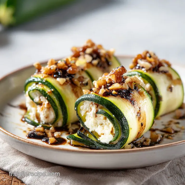 Elegant stack of zucchini and goat cheese rolls on a white plate, drizzled with balsamic glaze.