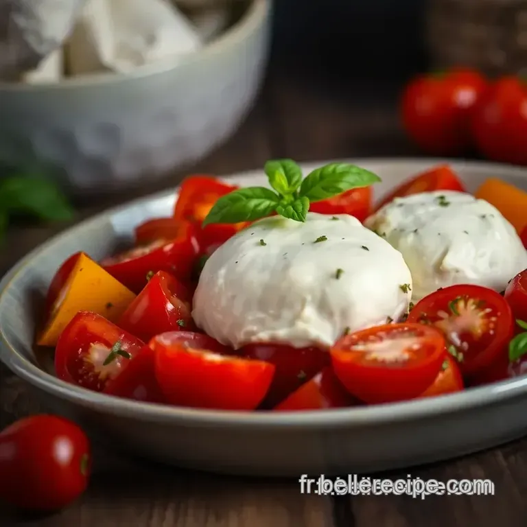 Salade Burrata Aux Tomates Cerises Et Au Basilic presentation