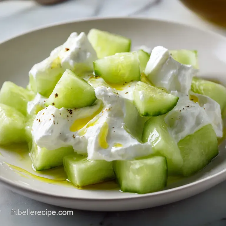 Assiette &eacute;pur&eacute;e pr&eacute;sentant des rondelles de concombre croquantes li&eacute;es par un yaourt lisse et parsem&eacute;es de menthe verte.