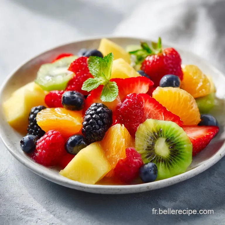 Elegant fruit salad presentation: glistening berries and melon artfully arranged in a clear glass bowl, topped with fresh ...