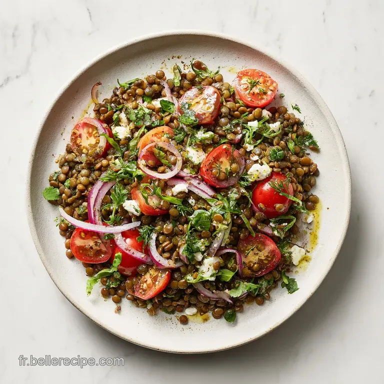 Elegant lentil salad: mounded greens, colorful vegetables, and glistening dressing presented on a white plate, ready to en...