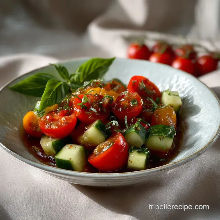 Vibrant salad with ruby-red tomatoes, creamy white potatoes, and bright green herbs artfully arranged on a white plate.