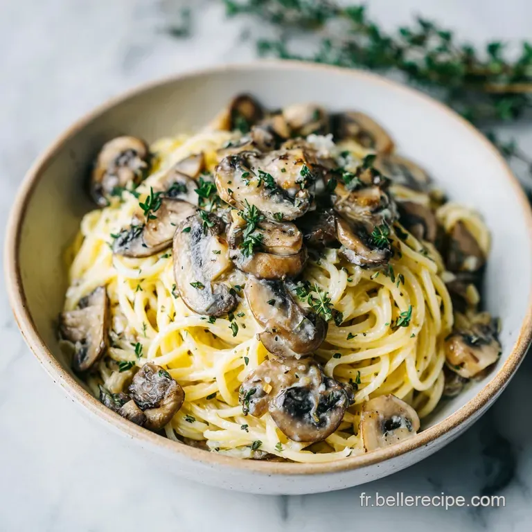Elegantly plated pasta swirls in a creamy sauce, topped with saut&eacute;ed mushrooms and fresh parsley.