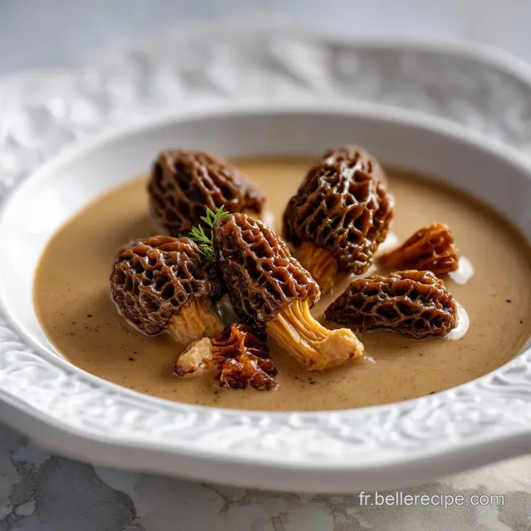 Delicate, glossy sauce draped over a tender cut of meat. Forest green herbs and earthy mushrooms complete this refined plate.