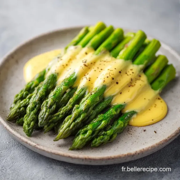Quelques tiges vertes croquantes surmont&eacute;es d'un ruban de cr&egrave;me velout&eacute;e jaune, d&eacute;cor&eacute;es de petits grains de poivre.