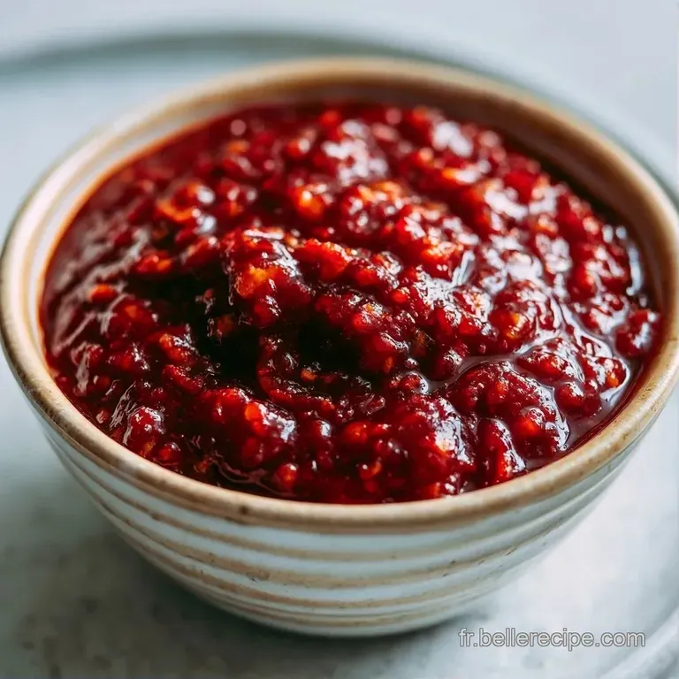 Petite coupelle en c&eacute;ramique contenant une cr&egrave;me rouge &eacute;paisse et onctueuse, pos&eacute;e sur une table en bois sombre.