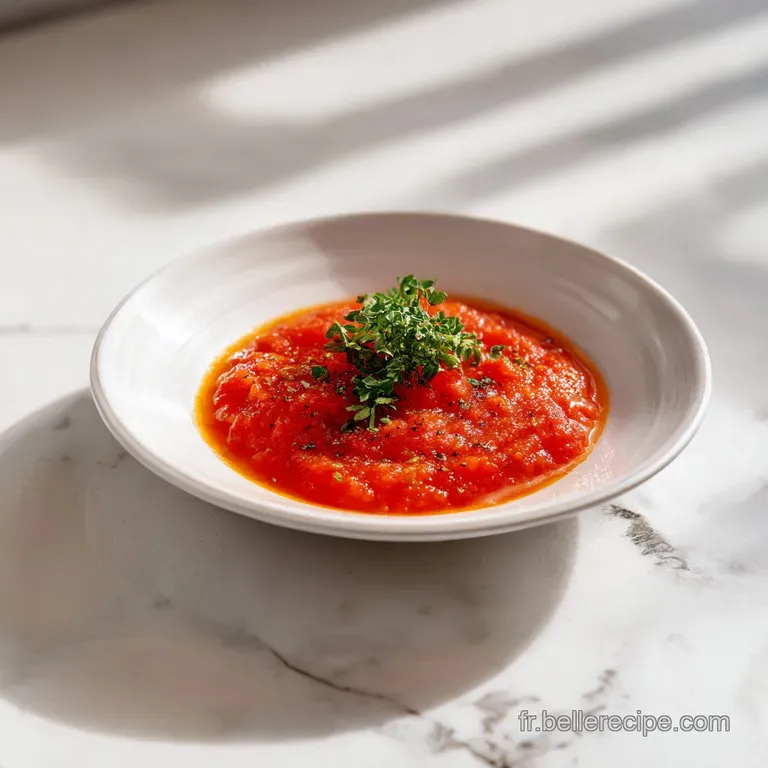 A swirl of silky tomato sauce in a white bowl, topped with fresh basil and a drizzle of olive oil.