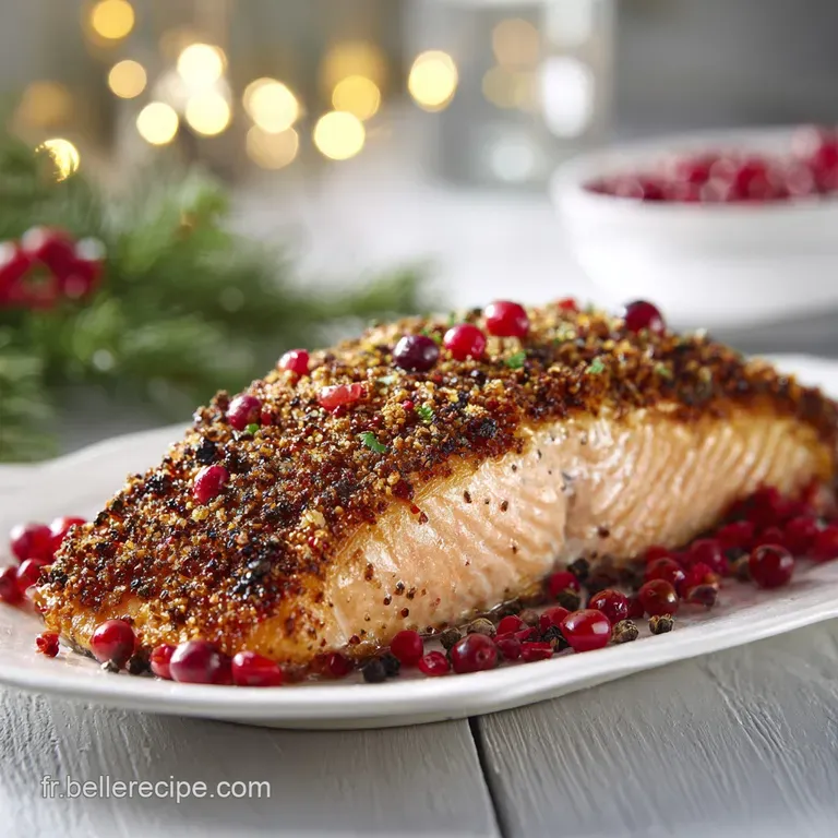 Elegant slice of berry-crusted salmon resting on a white plate, garnished with vibrant green herbs and a scattering of pin...