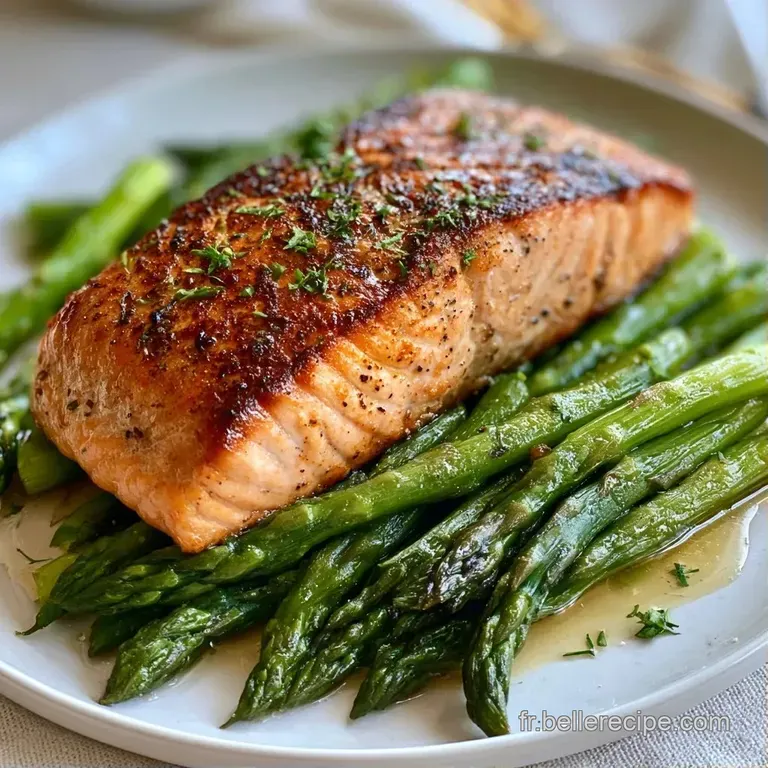 Filet de saumon dor&eacute; pos&eacute; d&eacute;licatement sur un lit d'asperges d'un vert vif, agr&eacute;ment&eacute; d'un quartier de citron frais.