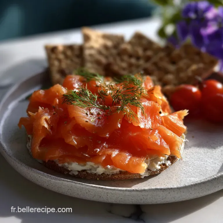 Delicate salmon gravlax slices, showcasing a marbled texture, elegantly fanned on a crisp white plate, accented with vibra...