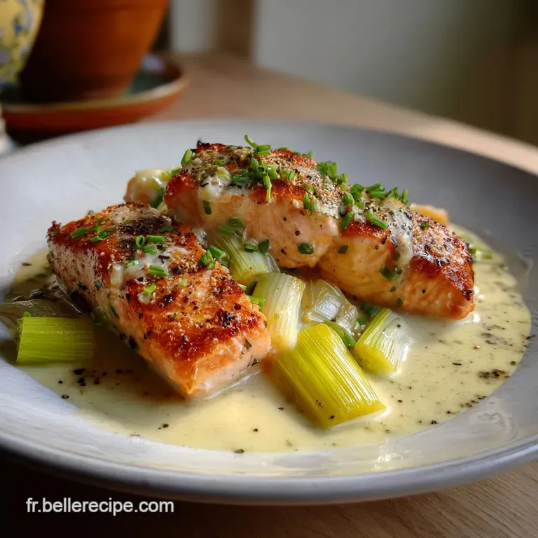 Perfectly seared salmon fillet, skin-side up, rests next to a delicate herb sprig on a pristine white plate. Elegant and r...