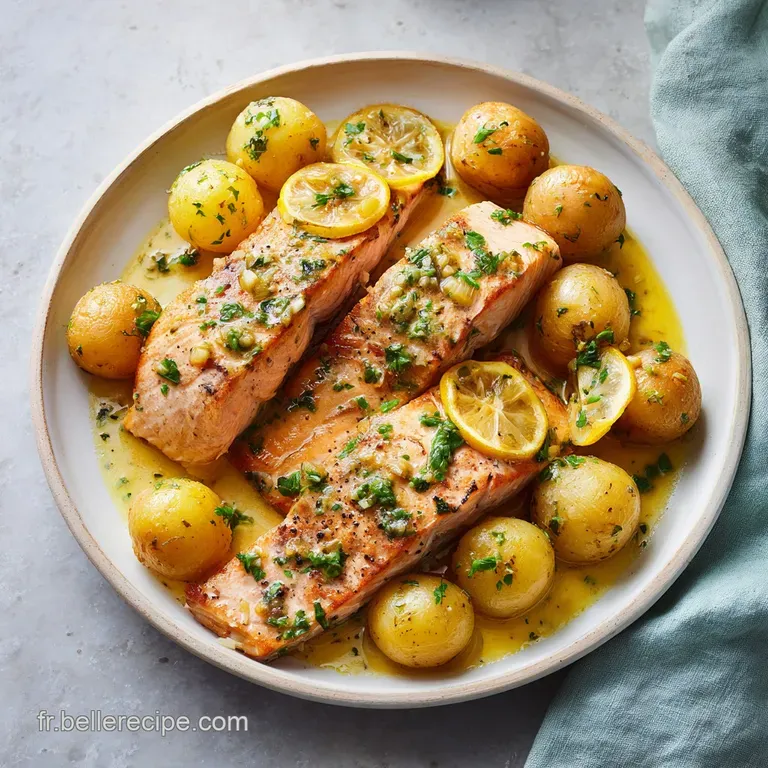 Elegant plate with flaky salmon fillet, roasted potatoes, vibrant green herbs, and a bright yellow lemon wedge. Appealing ...
