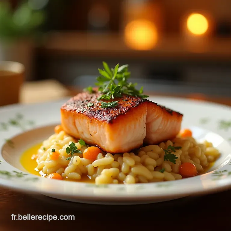 Le Secret Du Chef Saumon R&ocirc;ti &Agrave; Lunilat&eacute;rale Sur Lit De Risotto Cr&eacute;meux Aux Agrumes presentation